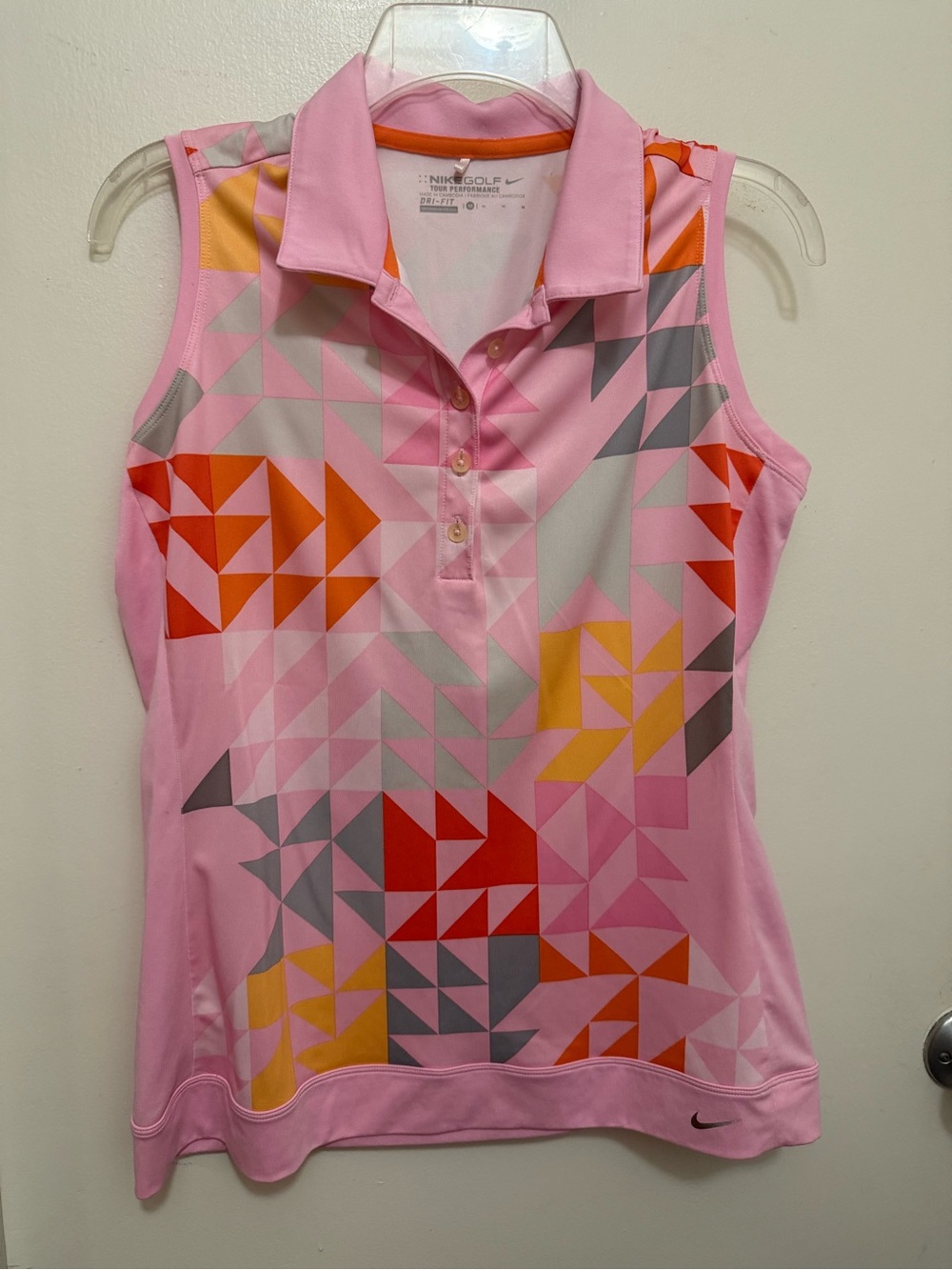 Nike Golf Pink Geometric Sleeveless Polo with Orange, Yellow & Gray Accents